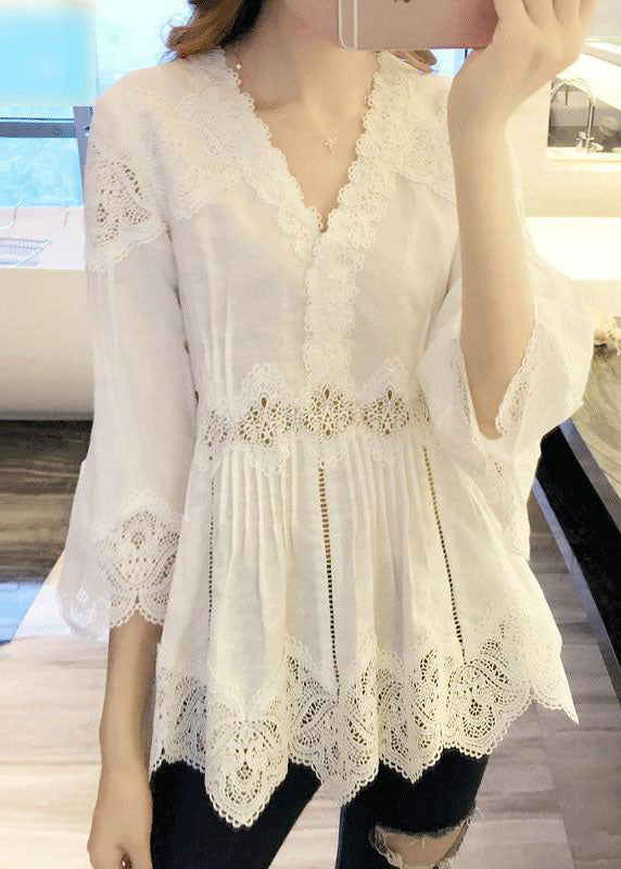 Fashion White V-Neck Ruffles Hollow Out Shirts Spring