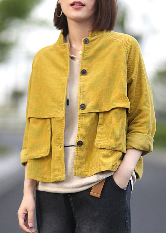 Spring Fashion Yellow Patchwork Button Corduroy Coat