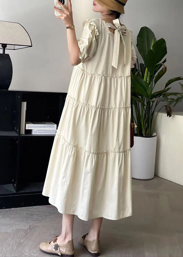 Fashion Apricot Square Collar Long Dress Short Sleeve