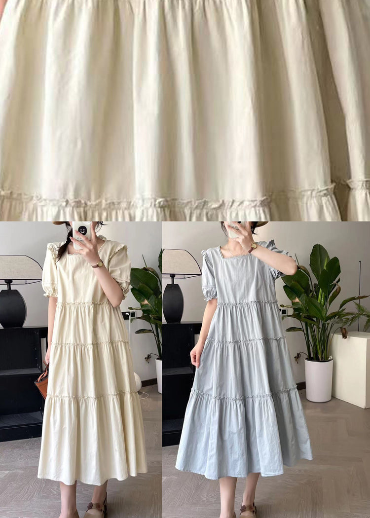 Fashion Apricot Square Collar Long Dress Short Sleeve