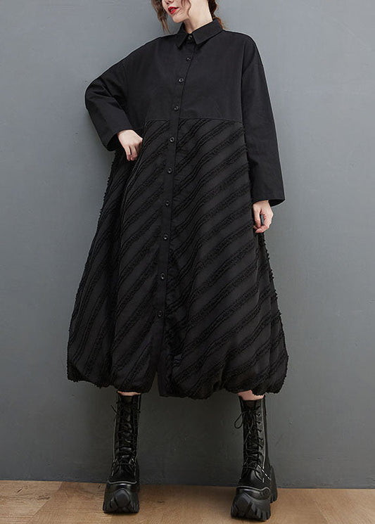 Fashion Black Peter Pan Collar Striped Patchwork Button Long Shirts Dresses Long Sleeve