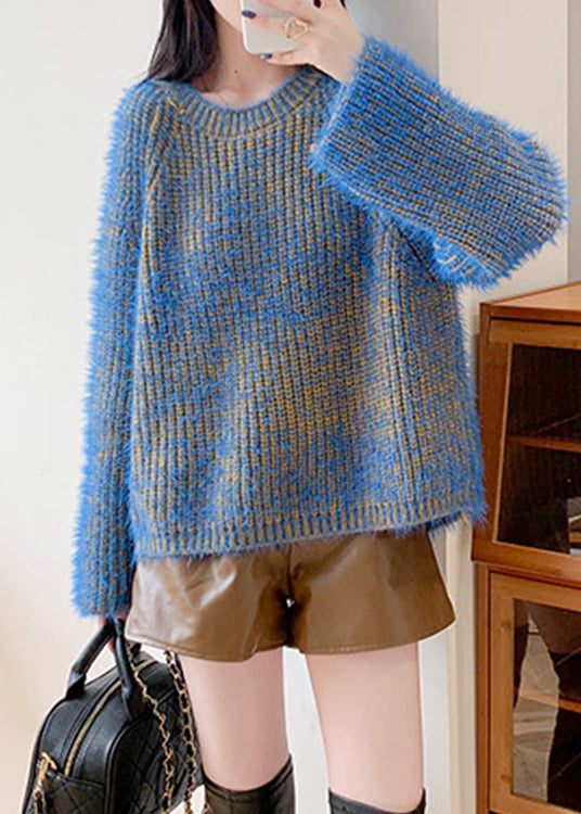 Fashion Blue O-Neck Cozy Low High Design Knit Sweaters Fall