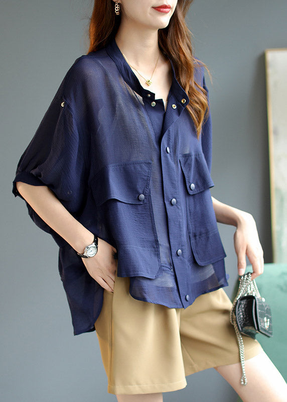 Fashion Blue Chiffon UPF 50+ Pockets Coats lantern sleeve Summer