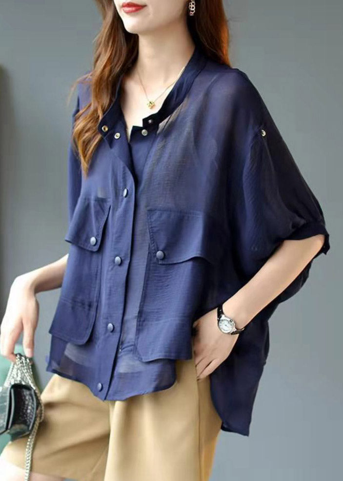 Fashion Blue Chiffon UPF 50+ Pockets Coats lantern sleeve Summer