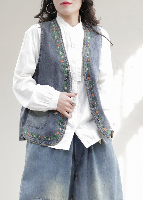 Fashion Blue V Neck Embroideried Patchwork Denim Waistcoat Sleeveless