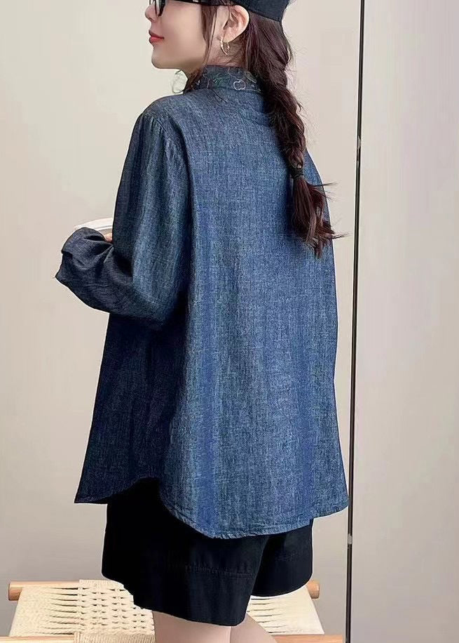 Fashion Denim Blue Peter Pan Collar Embroidered Button Shirt Long Sleeve