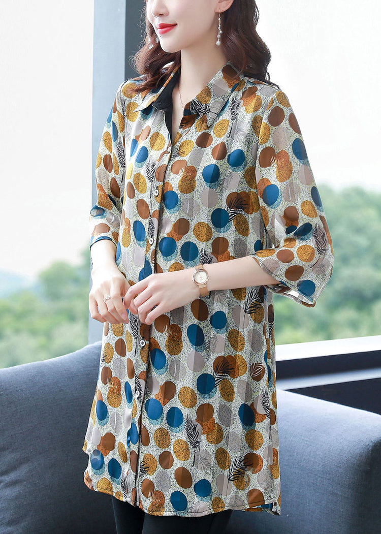 Fashion Dot Print Peter Pan Collar Button Silk Shirt Top Summer