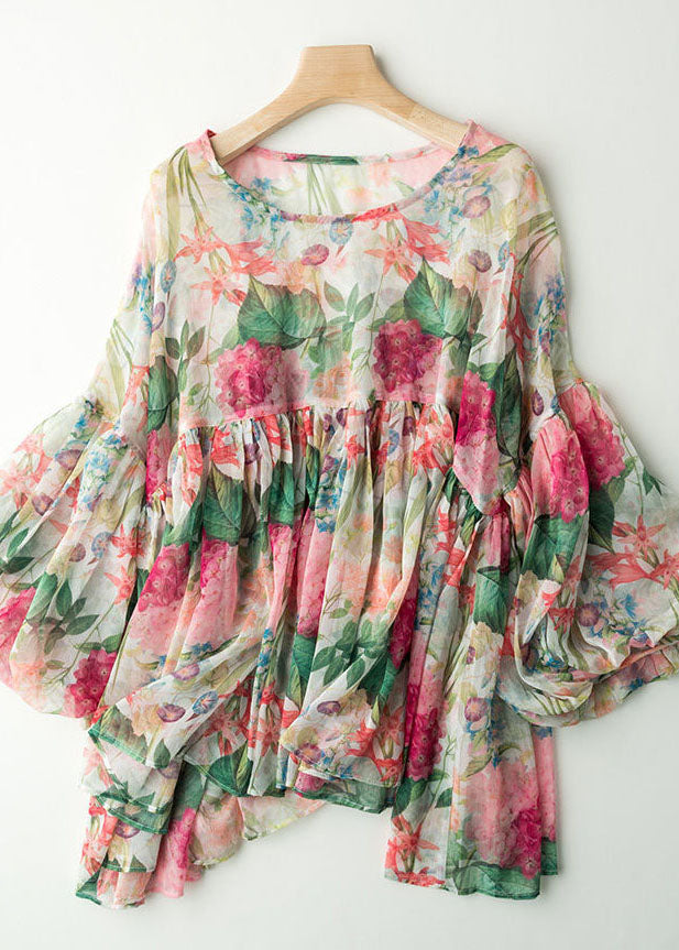 Fashion Floral Print Wrinkled Patchwork Chiffon Blouses Lantern Sleeve