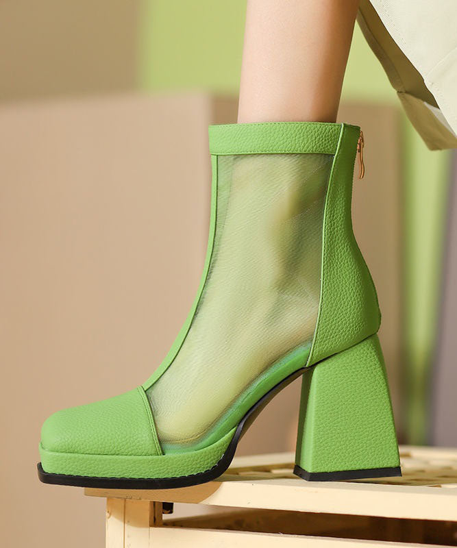 Fashion Green Faux Leather Thin Boots Splicing Tulle