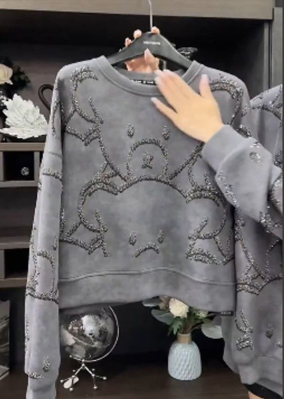 2024 Fashion Grey O-Neck Sequins Sweatshirt Fall