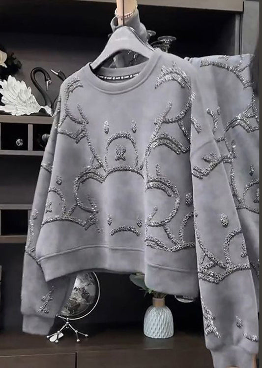 2024 Fashion Grey O-Neck Sequins Sweatshirt Fall