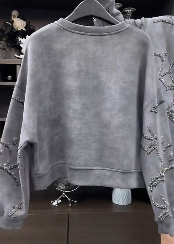 2024 Fashion Grey O-Neck Sequins Sweatshirt Fall