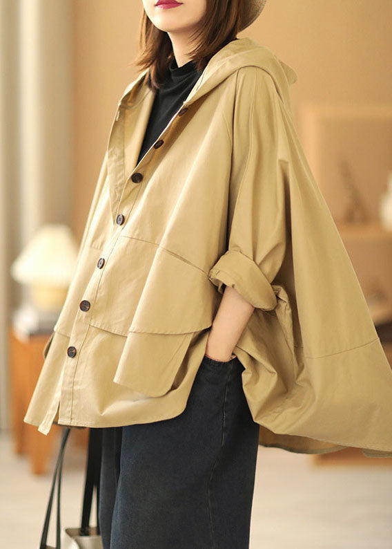 Fashion Khaki Hooded Patchwork Casual Autumn Batwing Sleeve Coat