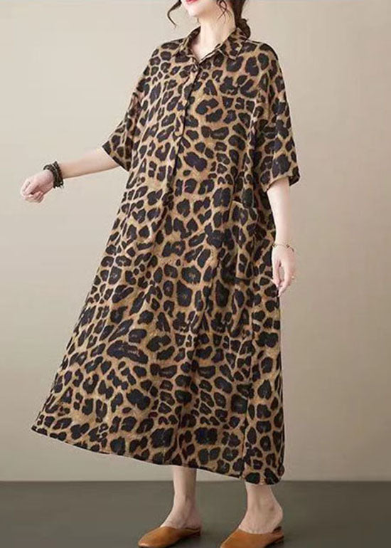 Fashion Leopard Peter Pan Collar Pockets Patchwork Cotton Long Dresses Summer