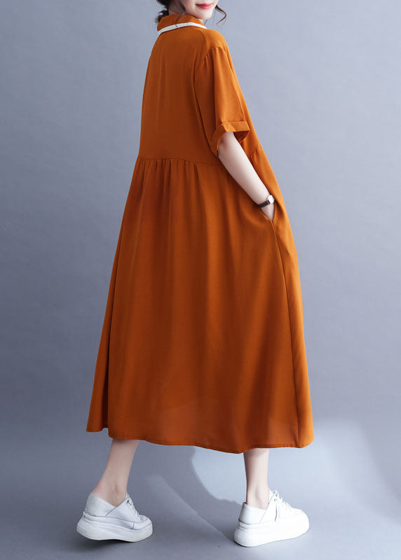 Fashion Orange Wrinkle Patchwork Peter Pan Collar Ice Silk Dress Summer