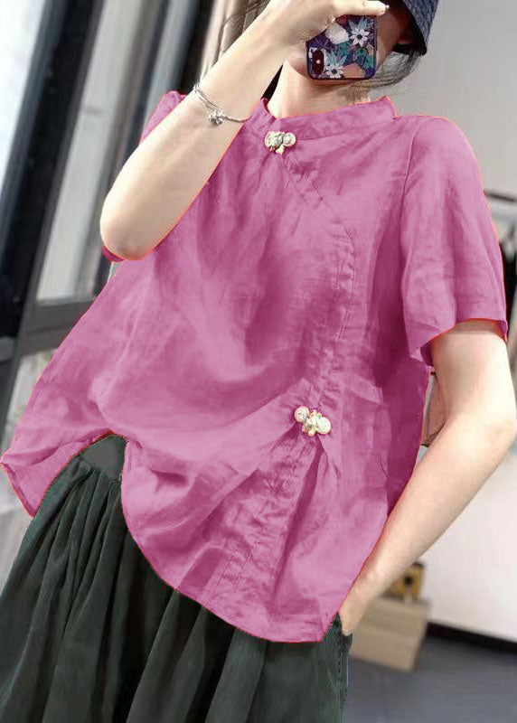 Fashion Pink Stand Collar Patchwork Bow Shirt Short Sleeve