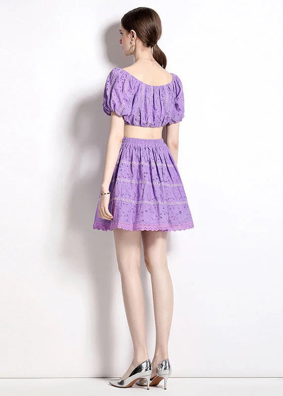 Fashion Purple Hollow Out Wrinkled Patchwork Cotton 2 Piece Outfit Summer