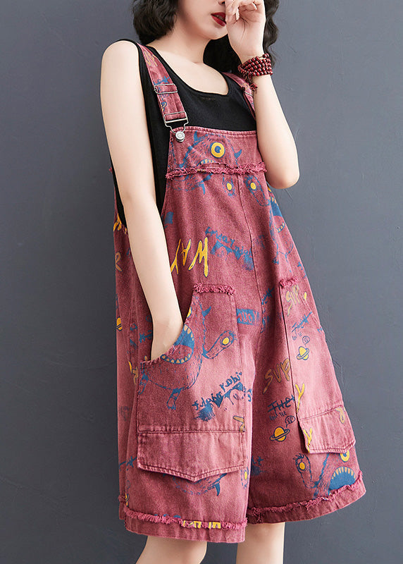 Red fashion slanted collar printed patchwork denim jumpsuit summer