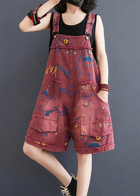 Red fashion slanted collar printed patchwork denim jumpsuit summer