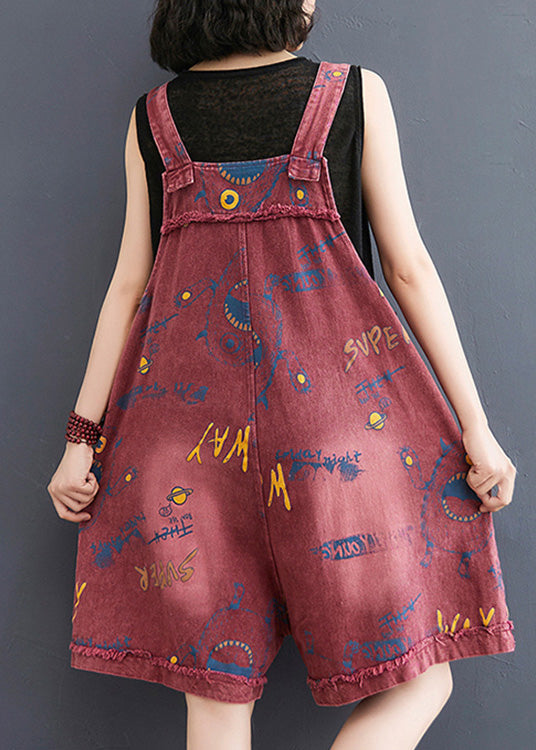 Red fashion slanted collar printed patchwork denim jumpsuit summer