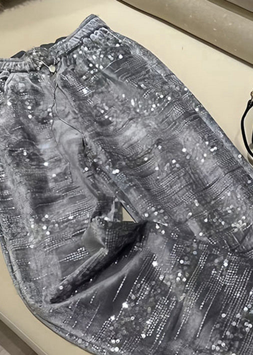 Fashion Silver Sequins Elastic Waist Straight Pants Spring