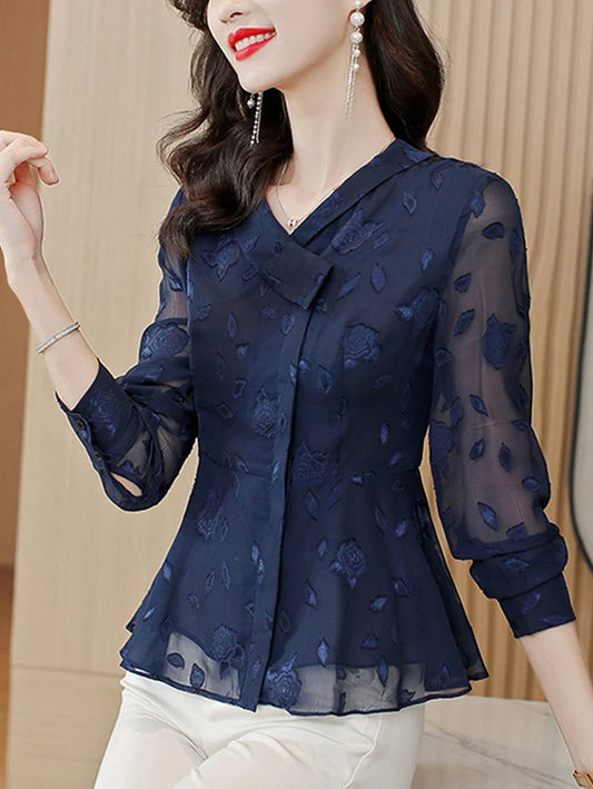 Fashion V-neck Floral Chiffon Shirt