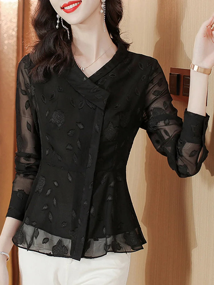 Fashion V-neck Floral Chiffon Shirt