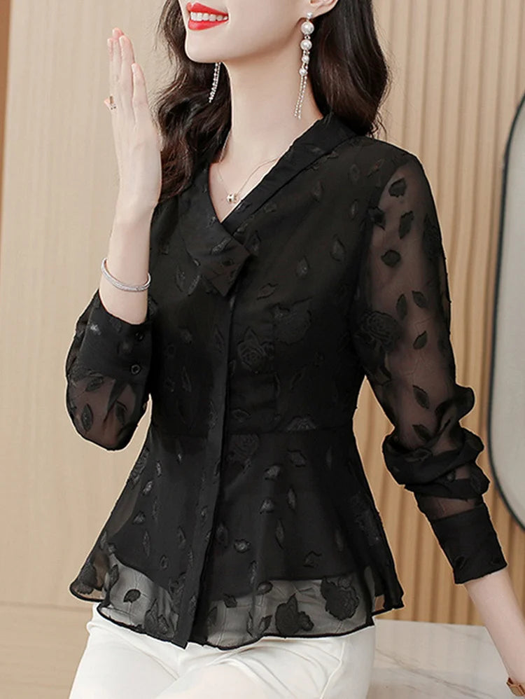 Fashion V-neck Floral Chiffon Shirt