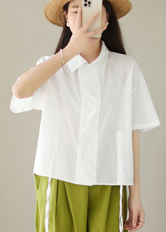 Unique White Double Breasted Drawstring Cotton Shirt Top