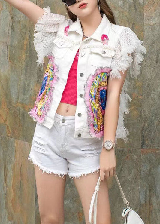 Trendy White Sequin Beaded Ruffle Patchwork Denim Vest Sleeveless