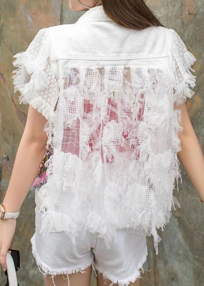 Trendy White Sequin Beaded Ruffle Patchwork Denim Vest Sleeveless