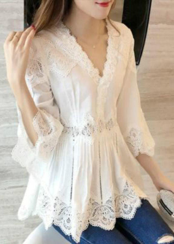 Fashion White V-Neck Ruffles Hollow Out Shirts Spring