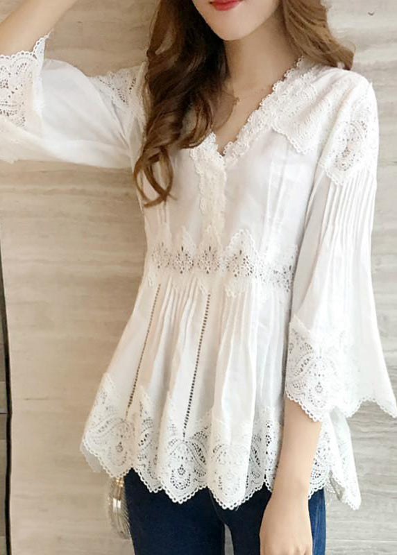 Fashion White V-Neck Ruffles Hollow Out Shirts Spring