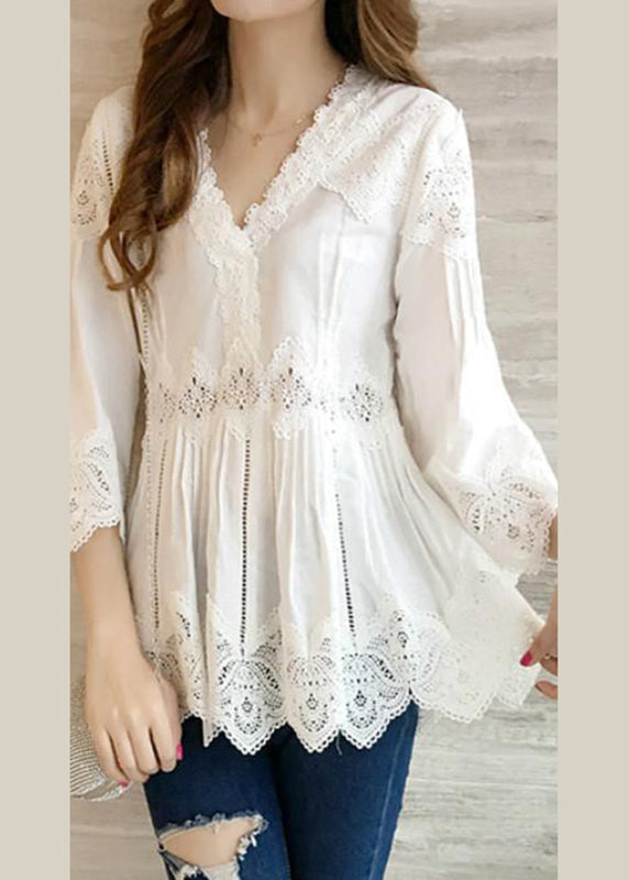 Fashion White V-Neck Ruffles Hollow Out Shirts Spring