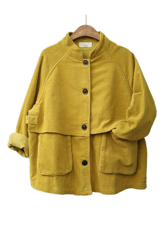 Spring Fashion Yellow Patchwork Button Corduroy Coat