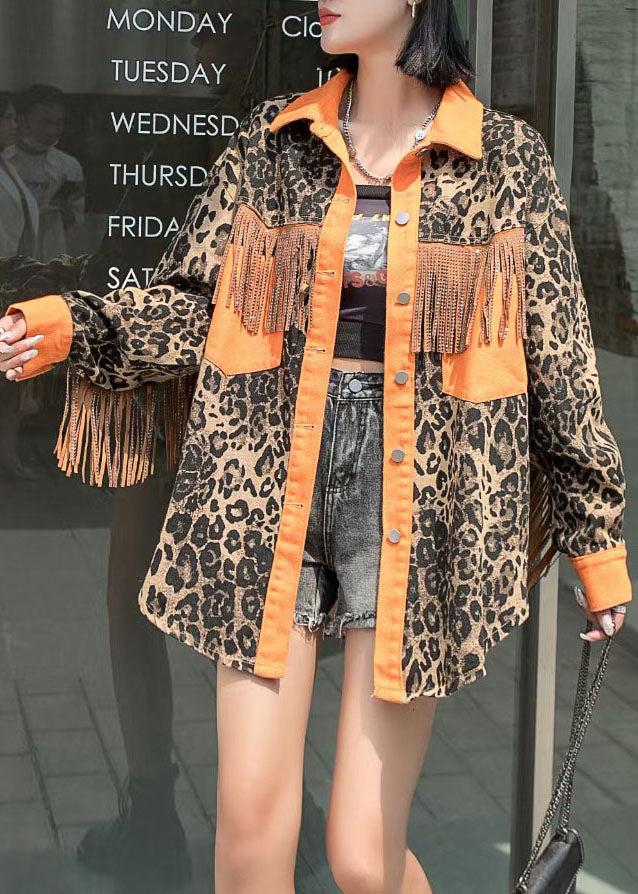 Trendy yellow leopard paneled fringed denim spring coat