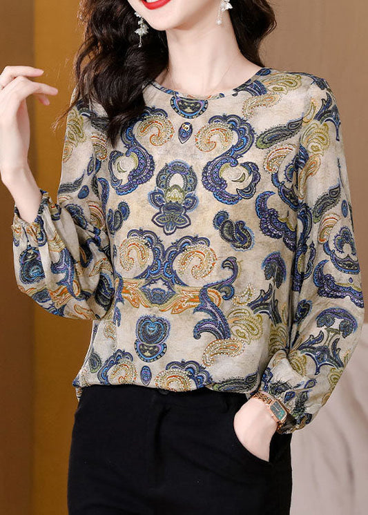 O-neck apricot print patchwork silk T-shirt top