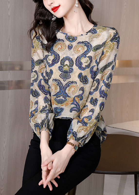 O-neck apricot print patchwork silk T-shirt top