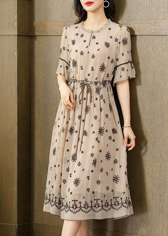 Beige Ruffle Embroidered Exra Oversized Hem Silk Tunic Dress Summer