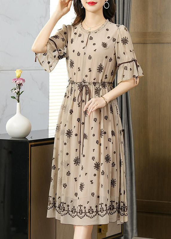 Beige Ruffle Embroidered Exra Oversized Hem Silk Tunic Dress Summer