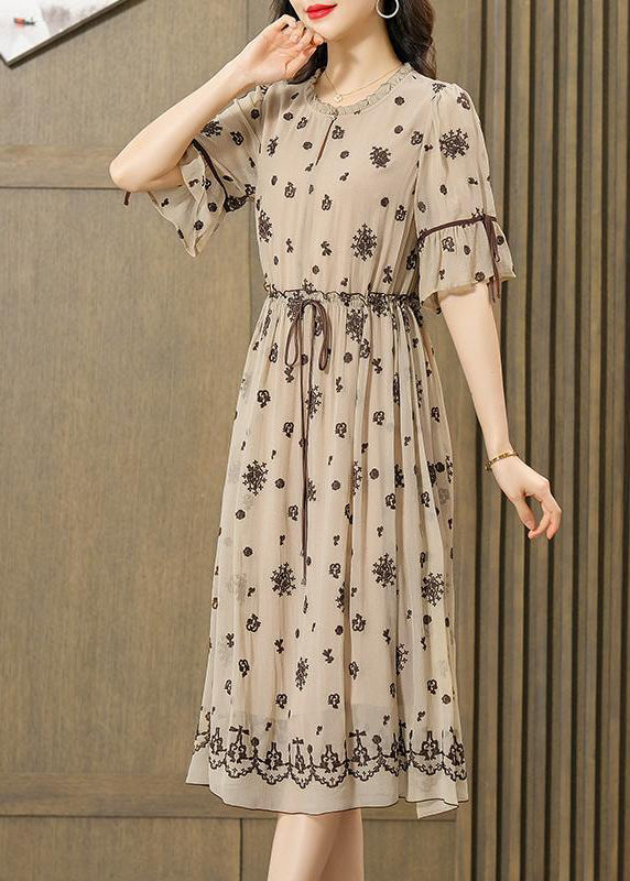 Beige Ruffle Embroidered Exra Oversized Hem Silk Tunic Dress Summer