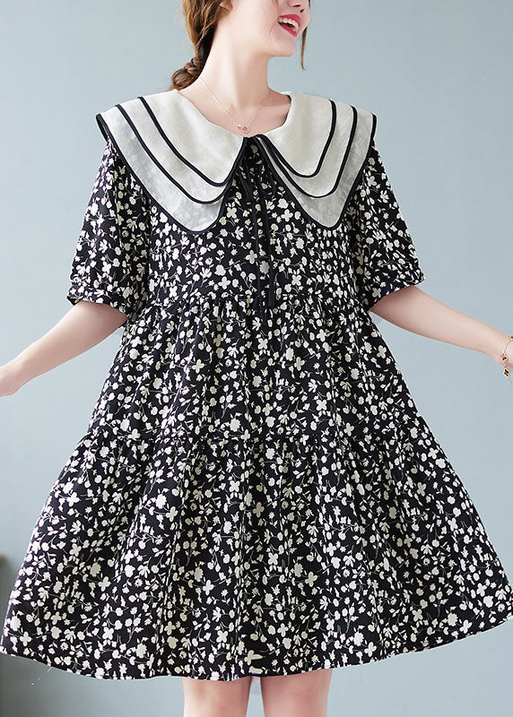 Fine Black Wrinkled Print Patchwork Cotton Mid Dresses Summer