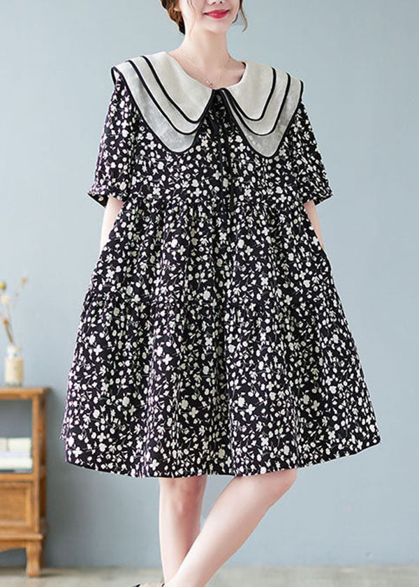 Fine Black Wrinkled Print Patchwork Cotton Mid Dresses Summer