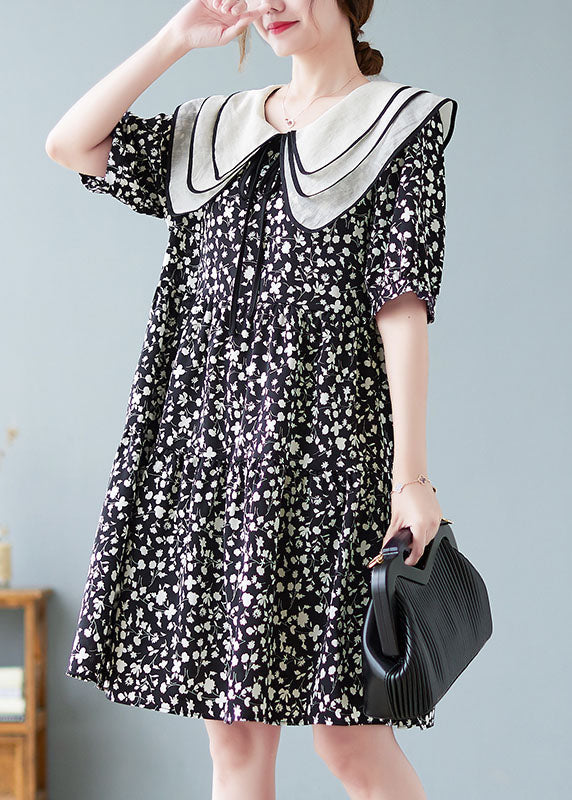 Fine Black Wrinkled Print Patchwork Cotton Mid Dresses Summer