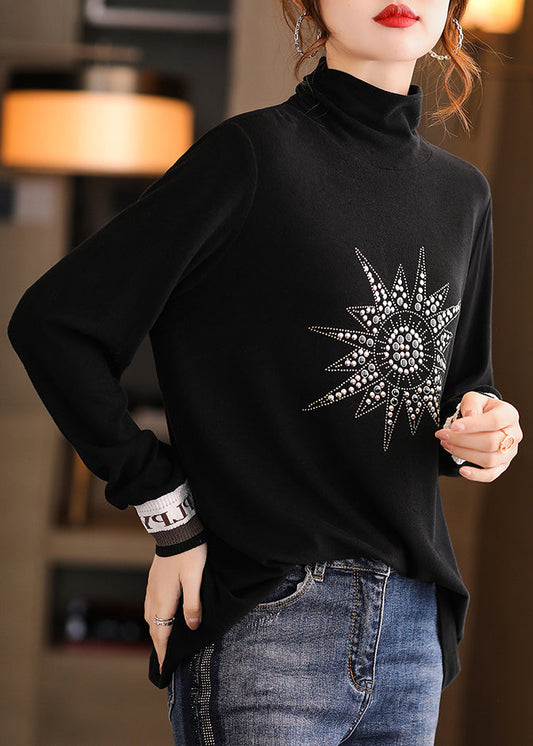 Fine Black Turtleneck Graphic Nail Bead Shirt Spring