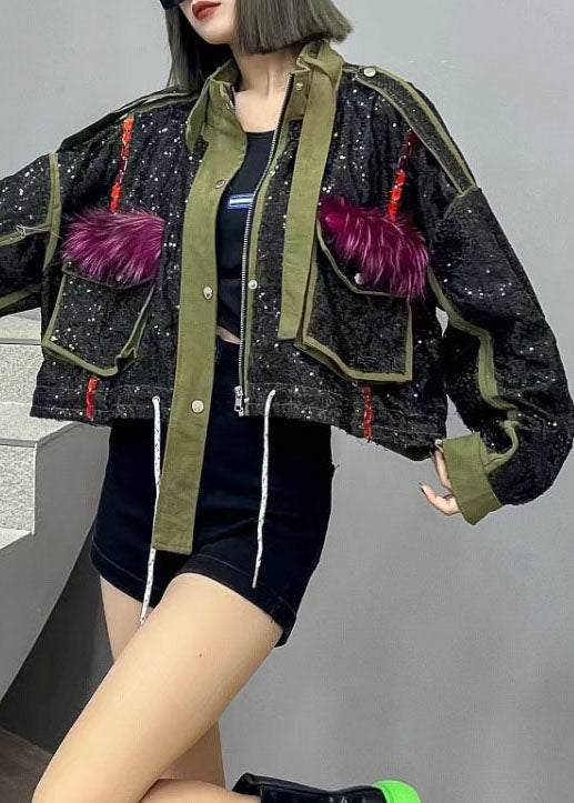 Fine Green Patchwork Pocket Zipper Sequined Denim Short Coat Spring