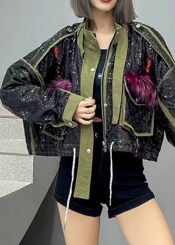 Fine Green Patchwork Pocket Zipper Sequined Denim Short Coat Spring