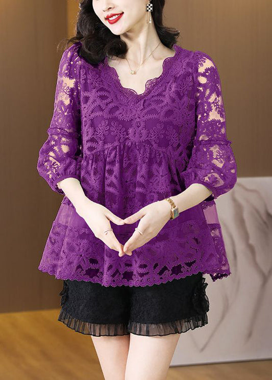 V Neck Casual Purple Tulle Embroidered Shirt Bracelet Sleeves