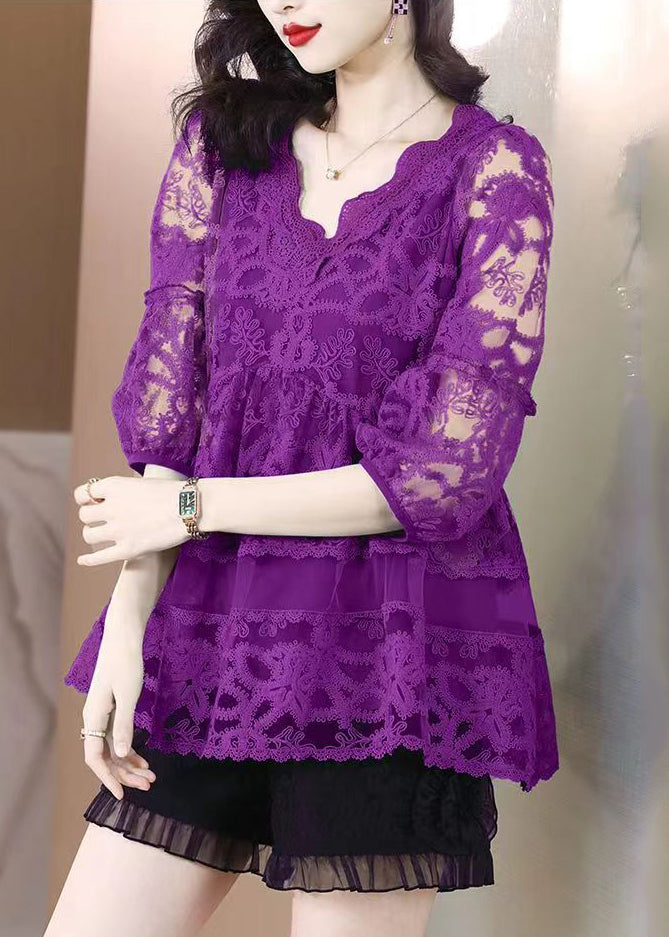 V Neck Casual Purple Tulle Embroidered Shirt Bracelet Sleeves