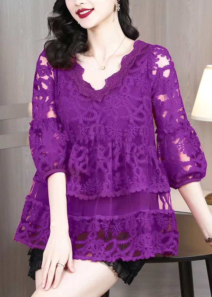 V Neck Casual Purple Tulle Embroidered Shirt Bracelet Sleeves